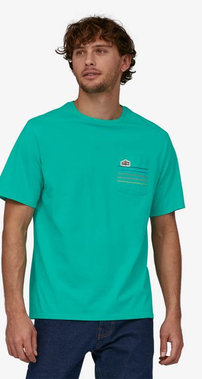 Camiseta Patagonia Line Logo Ridge Stripe Organic Pocket Hombre Turquesa | iyFM3COi